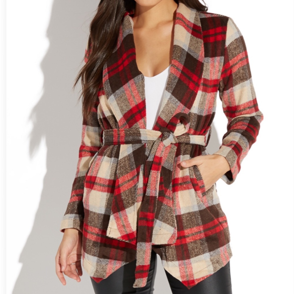 Red Plaid Tie Waist Jacket Size Medium